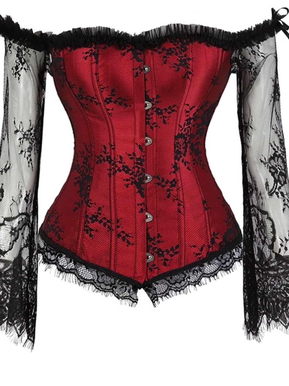 Red Lace-Overlay Off-Shoulder Corset Top with Sheer Sleeves